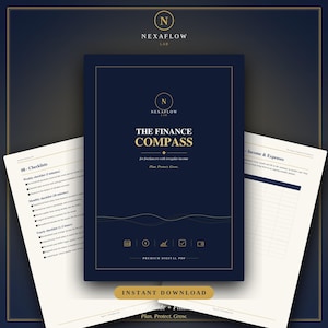Op de afbeelding: Een donkerblauwe digitale financiële planner getiteld The Finance Compass van Nexaflow Lab. De omslag bevat gouden tekst, een logo en iconen. Twee binnenpagina's zijn zichtbaar, met een checklist en een tabel voor inkomsten en uitgaven.