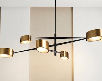 Lámpara de araña lineal de 6 luces de estilo moderno de mediados de siglo – Estilo tambor de latón cepillado