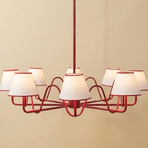 Red Wave Chandelier | Serpentin Style Mid-Century Modern Lighting | 8 Linen Shades, Dining Room Light