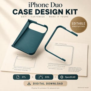May include: An iPhone Duo Case Design Kit digital download featuring a dark teal phone case frame and a separate edge component. The design includes technical line drawings with 50 mm scale bars, STL, SVG, and OpenSCAD file format icons.