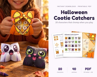 May include: A printable PDF set of Halloween Cootie Catchers featuring 20 characters that chomp. The set includes instructions and 40 paper fortune tellers with designs like a pumpkin, a black cat, and a ghost, available in US Letter and A4 sizes.