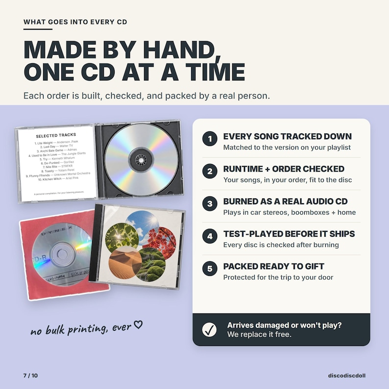 Every CD is made by hand: songs tracked down, runtime and order checked, burned as a real audio CD, test-played, and packed ready to gift.