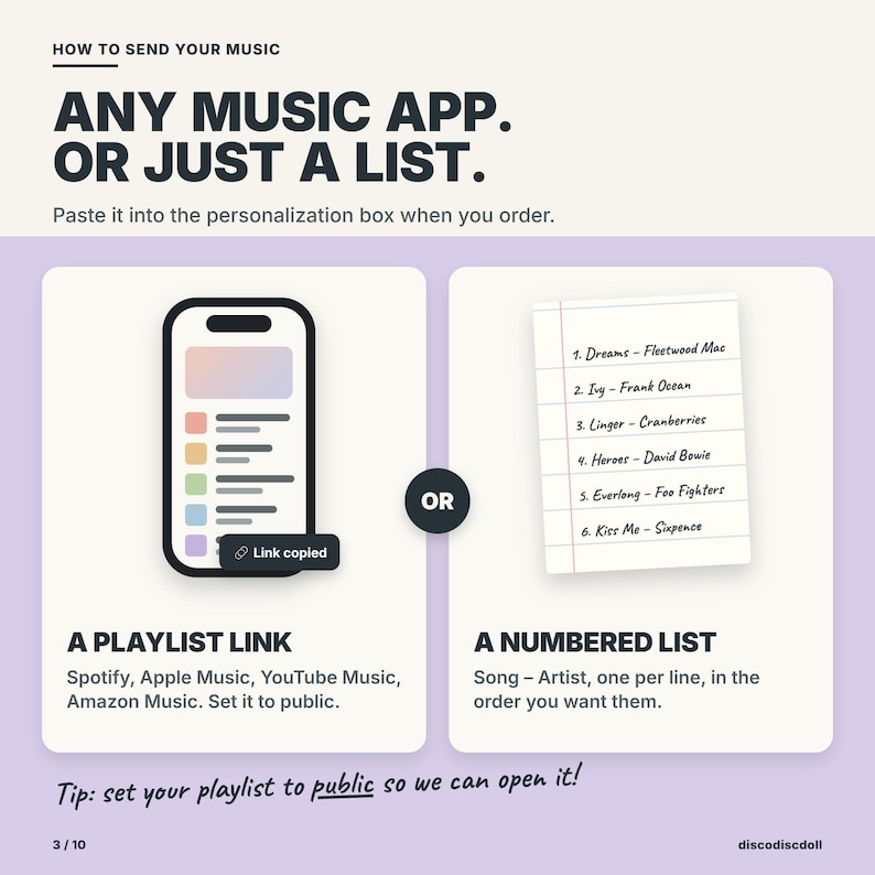 How to send your music: paste a public playlist link from Spotify, Apple Music, YouTube Music, or Amazon Music, or type a numbered song list.