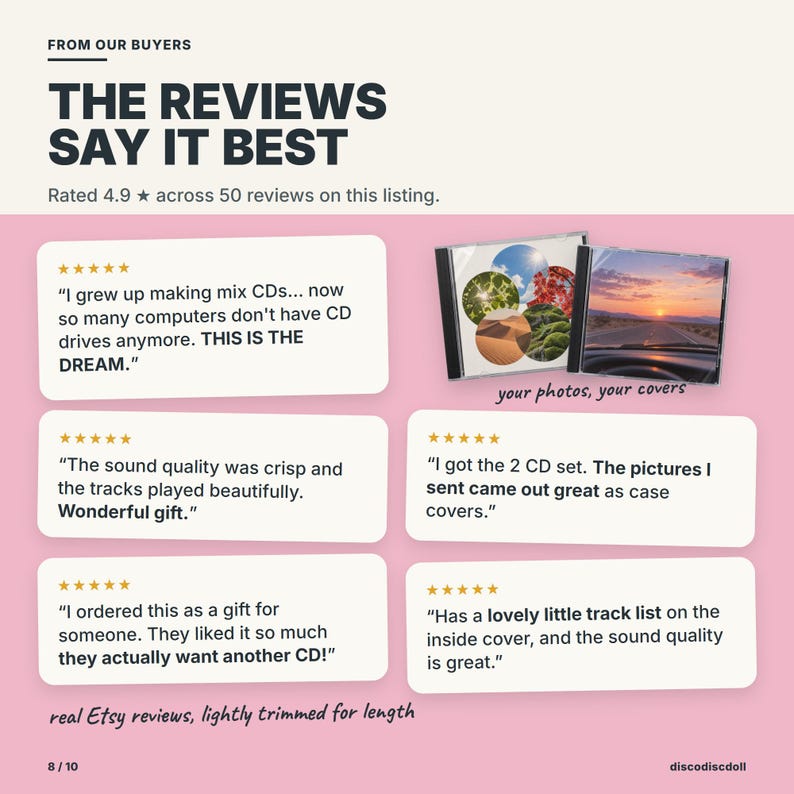 Five-star buyer reviews praising the sound quality, the printed tracklist, custom photo covers, and the CD as a gift.