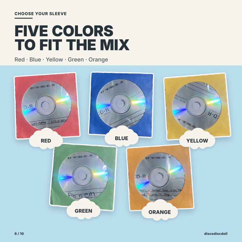 Five paper sleeve colors for your CD: red, blue, yellow, green, and orange.