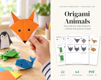 May include: A digital download featuring Origami Animals with step-by-step diagrams and practice sheets. The document includes 22 animals across 64 printable pages in US Letter and A4 formats, shown with paper fox, penguin, frog, and whale models.