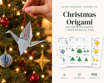 May include: A gray paper origami crane ornament with a red string hanging from a Christmas tree, next to a digital document titled Christmas Origami with easy step-by-step diagrams and dotted-line practice sheets for 6 ornaments.