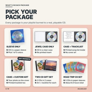 Six custom CD packages compared: sleeve only, jewel case only, case with printed tracklist, case with custom cover art, two CD gift set, and road trip set of five CDs.