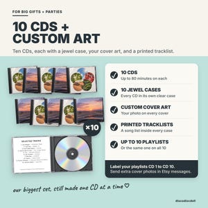 The 10 CDs + Custom Art set: ten CDs, each in a jewel case with custom cover art and a printed tracklist, from up to 10 playlists or the same playlist on all 10.