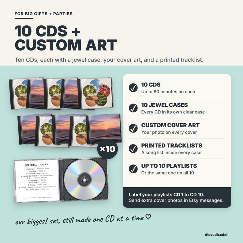 The 10 CDs + Custom Art set: ten CDs, each in a jewel case with custom cover art and a printed tracklist, from up to 10 playlists or the same playlist on all 10.