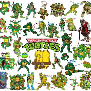 Könnte beinhalten: Eine Sammlung von Teenage Mutant Ninja Turtles Charakterillustrationen mit verschiedenen Action-Posen, Waffen und Ausdrücken, zentriert um das Teenage Mutant Ninja Turtles Logo und ein gelbes Schildkrötenpanzer-Symbol mit Nunchakus.