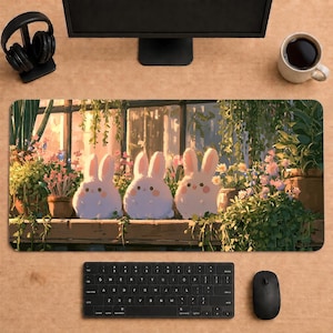May include: A rectangular desk mat featuring a printed illustration of three fluffy white rabbits sitting on a wooden ledge surrounded by potted plants and hanging vines in a greenhouse setting with warm sunlight filtering through the glass panes.