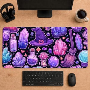 Cute Witchy Essentials Deskmat | Magical Crystal Potion Extended Mousepad | Purple Witch Aesthetic Desk Mat for Gaming & Office