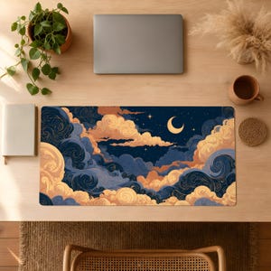 Celestial Deskmat, Navy Gold Cloud Desk Mat, Swirl Moon Star Mouse Pad, Folk Art Night Sky Gaming Mat, Moon Lover Gift, XL Desk Pad