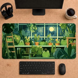 May include: A rectangular desk mat featuring a vibrant illustration of a greenhouse filled with various green potted plants and several small green frogs. One frog wears a small hat, and a bright yellow full moon is visible through the glass.