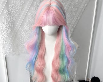 Peluca arcoíris pastel, peluca larga ondulada con efecto degradado rosa, azul y verde, cabello estilo Fairycore Y2K, peluca de disfraz Harajuku Kawaii, peluca colorida estilo anime