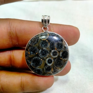 May include: A silver pendant featuring a round, black and white fossilized stone with a circular pattern. The pendant is on a silver chain.