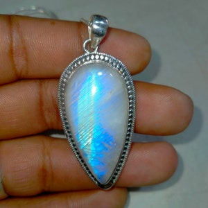 Rainbow Moonstone Necklace, 925 Sterling Silver Moonstone Pendant, Genuine Blue Flash, Gemstone Pendant, Handmade Jewelry Size 20x40 MM