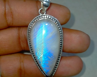 Handmade Sterling Silver Rainbow Moonstone Pendant: Teardrop Gemstone Necklace