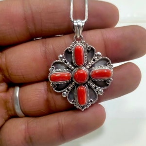 Natural Red Coral Red Coral Red Coral pendant Sterling Silver pendent Handmade Pendent 925 Sterling Silver Shape Begged and Round