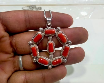 Natural Stone Red Coral Sterling Silver Pendant - Begged Stone (5x11 MM)