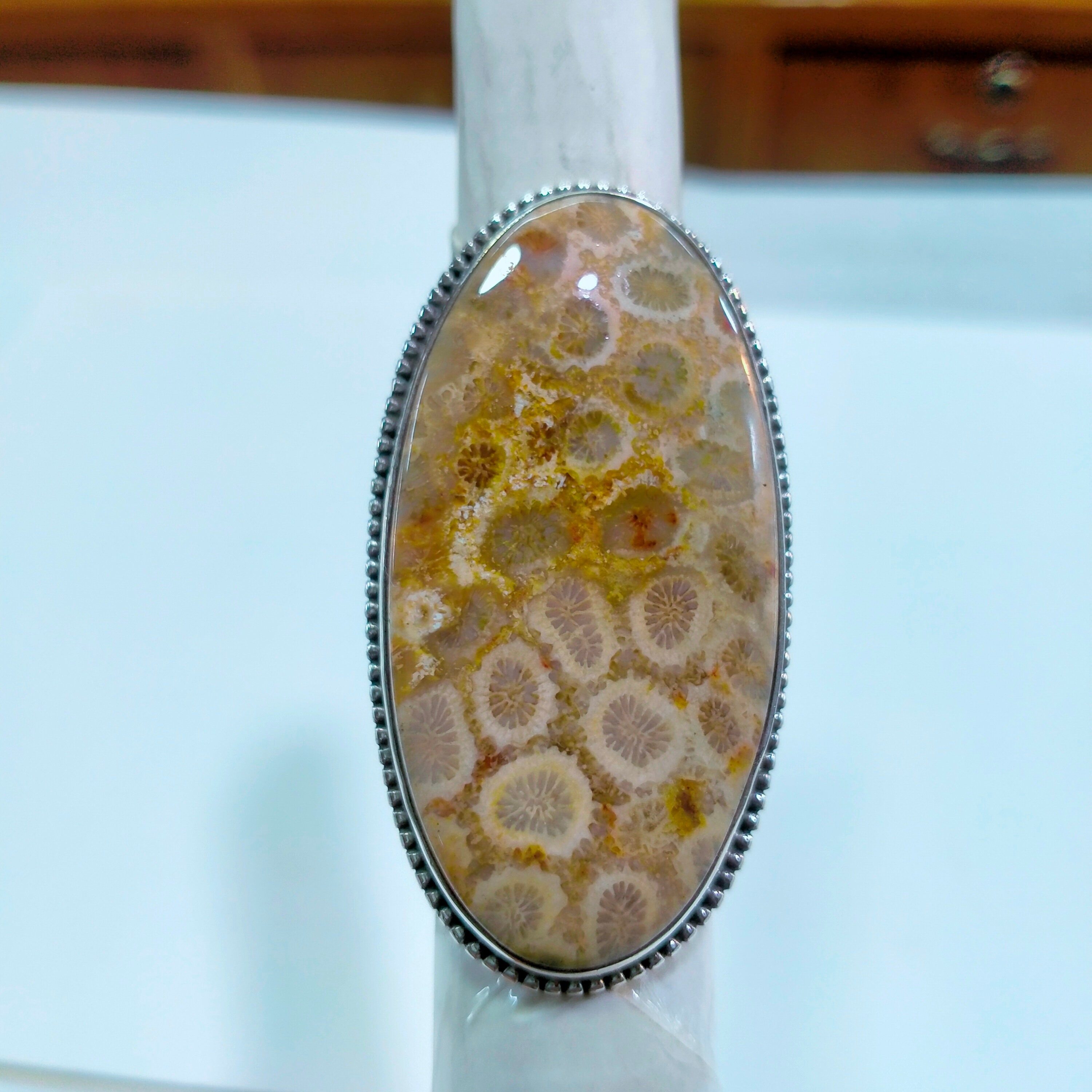 Natural Stone Fossil Coral Ring: Sterling Silver Statement Ring