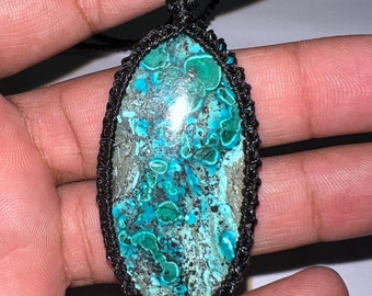 Natural Chrysocolla Malachite Macrame Pendant: Gemstone Healing Necklace