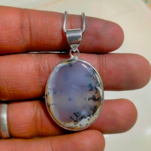 Handmade Dendritic Agate Pendant: Oval Sterling Silver Necklace (26x32 MM)