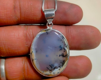 Natural Stone Dendrite Agate Pendant: Oval Sterling Silver Pendant (26x32 MM)