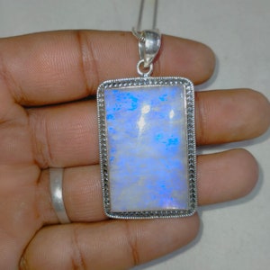 Rainbow Moonstone Necklace, 925 Sterling Silver Moonstone Pendant, Genuine Blue Flash, Gemstone Pendant, Handmade Jewelry Size 24x38 MM