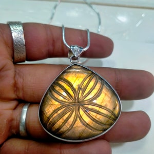 Carved Labradorite Pendant: Sterling Silver Necklace, Gemstone Jewelry (37x39 MM)