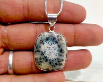 Ciondolo in argento sterling 925 con agata dendritica fatto a mano (24 x 28 mm)