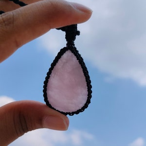 Handmade Rose Quartz Macrame Pendant Necklace: Gemstone Jewelry (24x36mm)
