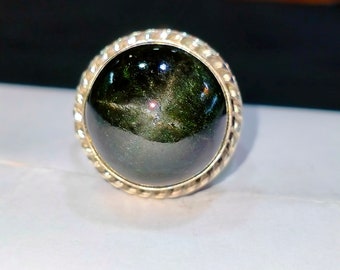 Black Star Cabochon Ring, 925 Sterling Silver, Round, US Size 7