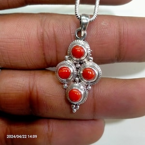 Natural Red Coral Red Coral Red Coral pendant Sterling Silver pendent Handmade Pendent 925 Sterling Silver Shape Round Stone Size 6x6 MM