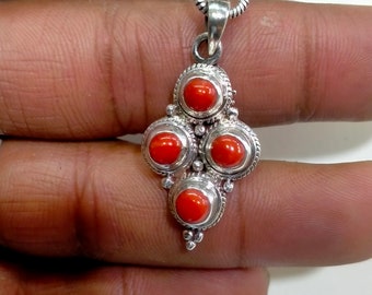 Ciondolo in argento sterling con pietra naturale di corallo rosso - Pietra rotonda (6 x 6 mm)