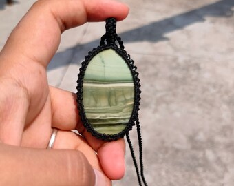 Natural Green Septarian Macrame Pendant Necklace: Handmade Gemstone Jewelry