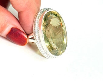 Anillo de cuarzo limón natural: Anillo de plata de ley 925, tamaño 17 x 28 mm