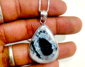Ciondolo in argento sterling 925 con agata dendritica naturale (26 x 35 mm)