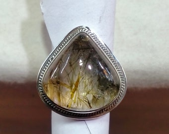 Anillo de plata de ley con cuarzo rutilado verde natural, tamaño 20 x 21 mm