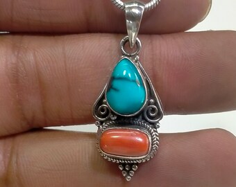 Handmade Sterling Silver Turquoise and Red Coral Pendant