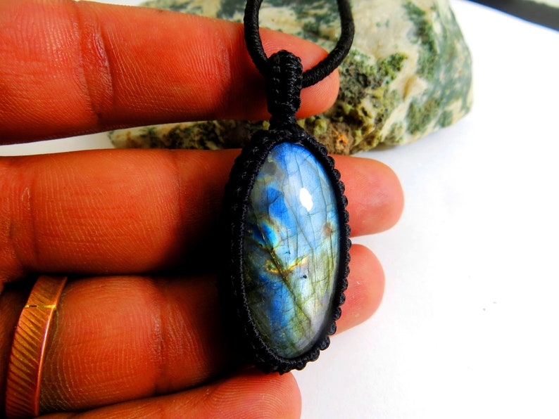Labradorite Macrame pendant Full Flashy Amazing Fire Good Quality Oval Shape Big Size 22x41 mm