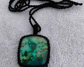Natural Chrysocolla Macrame Pendant Necklace, Handmade Gemstone Jewelry