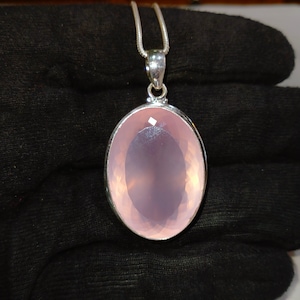 Faceted Rose Quartz Pendant: Handmade 925 Sterling Silver Necklace (24x33 MM)