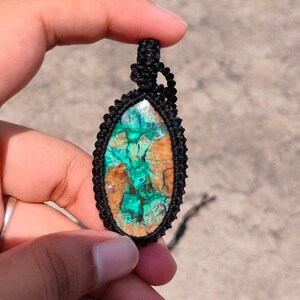 Macrame Chrysocolla Pendant Necklace: Oval Boho Gemstone Jewelry