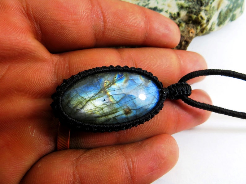 Labradorite Macrame pendant Full Flashy Amazing Fire Good Quality Oval Shape Big Size 22x41 mm