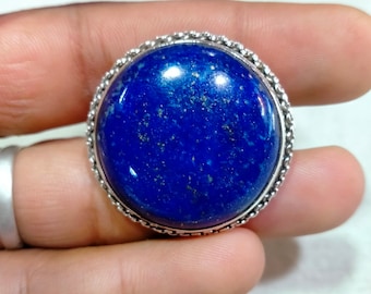 Natural Lapis Lazuli Ring: Round Sterling Silver Statement Ring (31x31 MM)