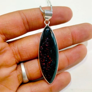 Handmade Bloodstone Silver Pendant: Natural Marquise Jewelry (18x52 MM)