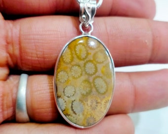 Oval Fossil Coral Pendant: 925 Sterling Silver Necklace Stone Size (22x32 MM)