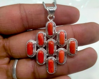 Natürliche Rote Koralle Sterling Silber Anhänger - Begged Stein (5 x 11 MM)
